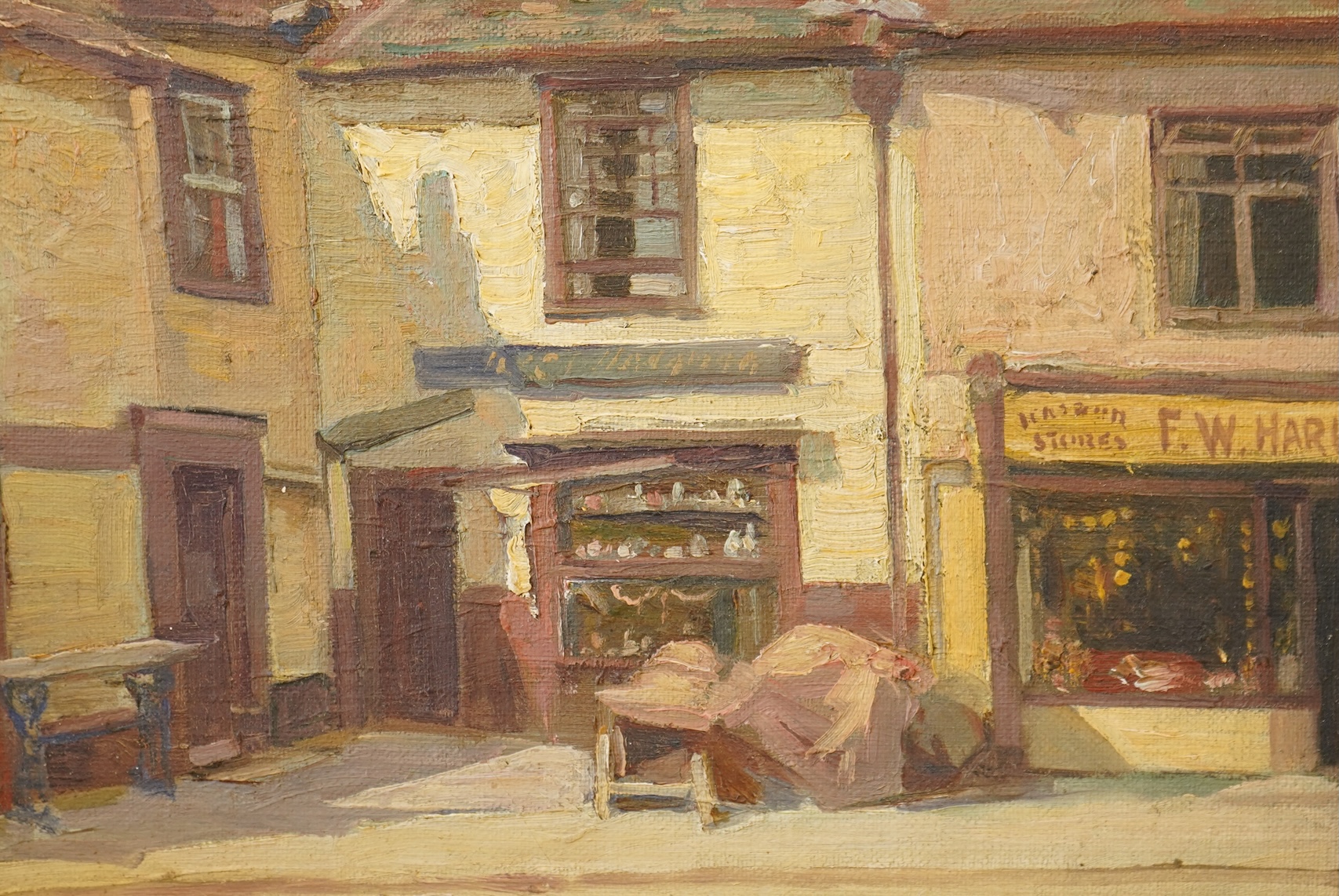 Arthur Spooner (1873-1962), British street scene, signed, oil on canvas board, 30 x 36.5cm, Provenance - Artists summer studio, East coast., Provenance - Summer studio, East coast.